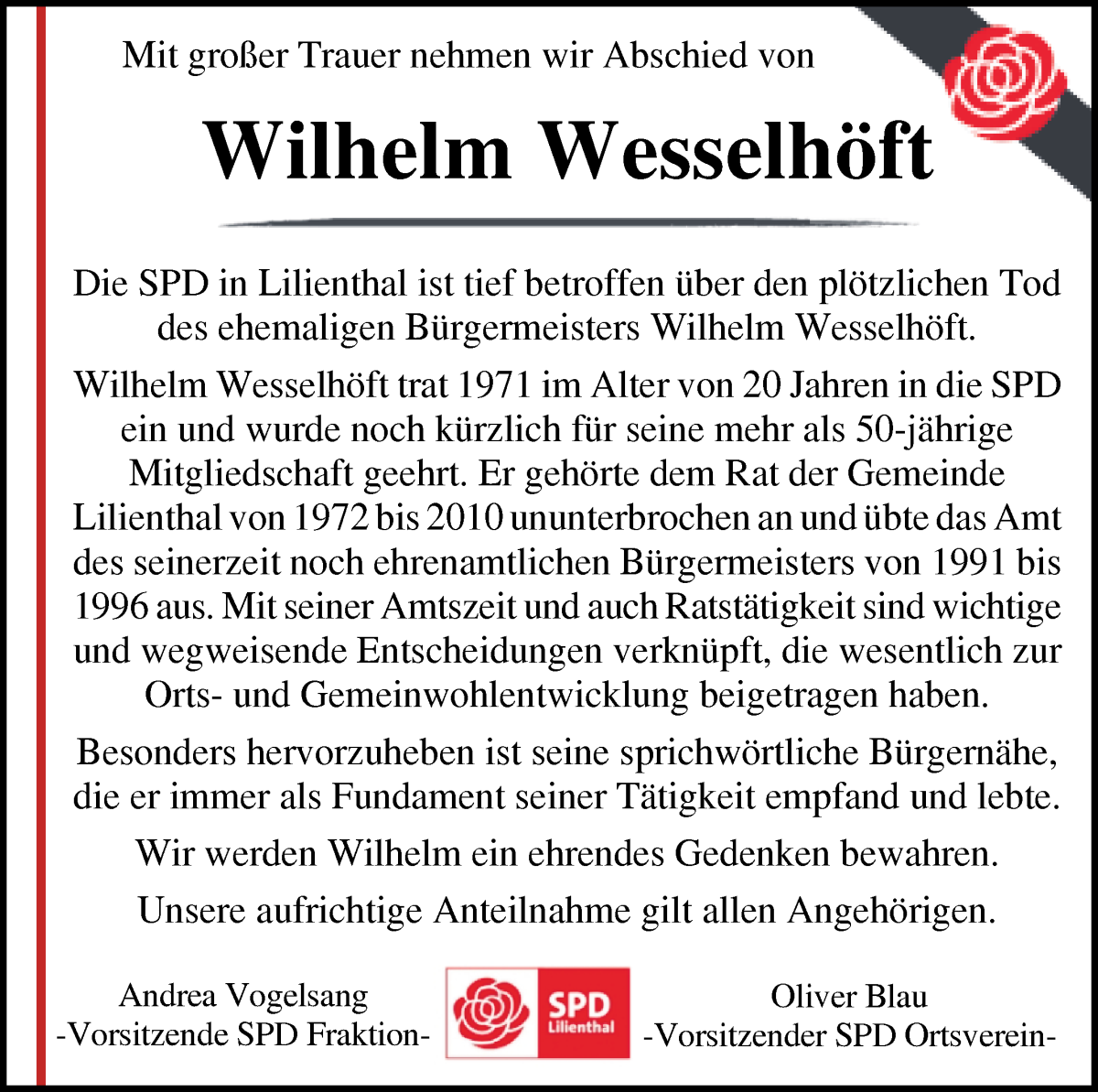 Traueranzeige von Wilhelm Wesselhöft von Wuemme Zeitung