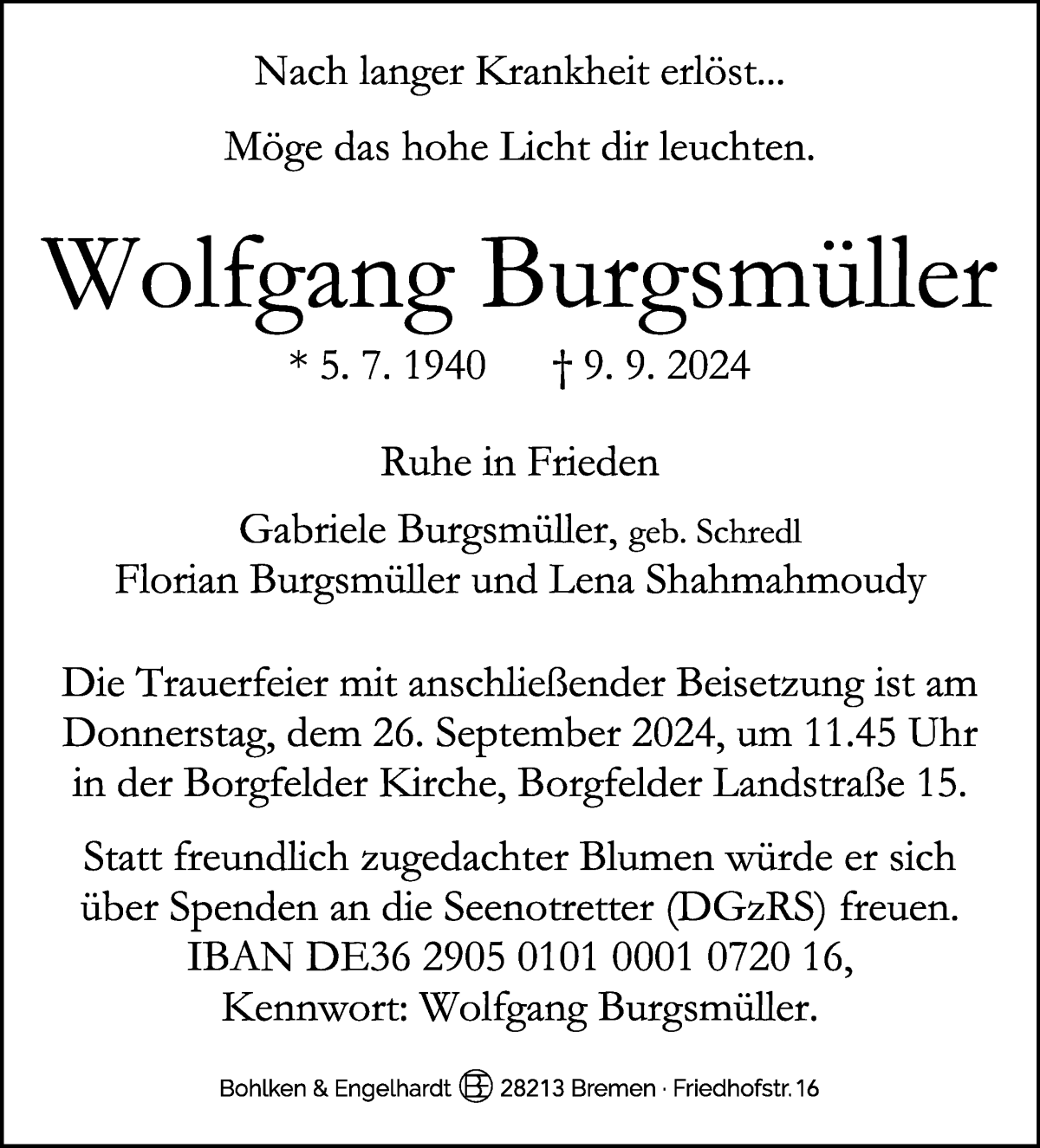 Traueranzeige von Wolfgang Burgsmüller von WESER-KURIER