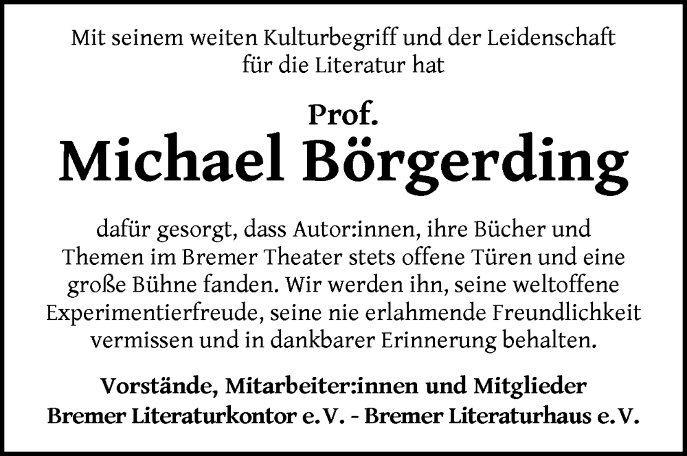Traueranzeige von Prof. Michael Börgerding von WESER-KURIER