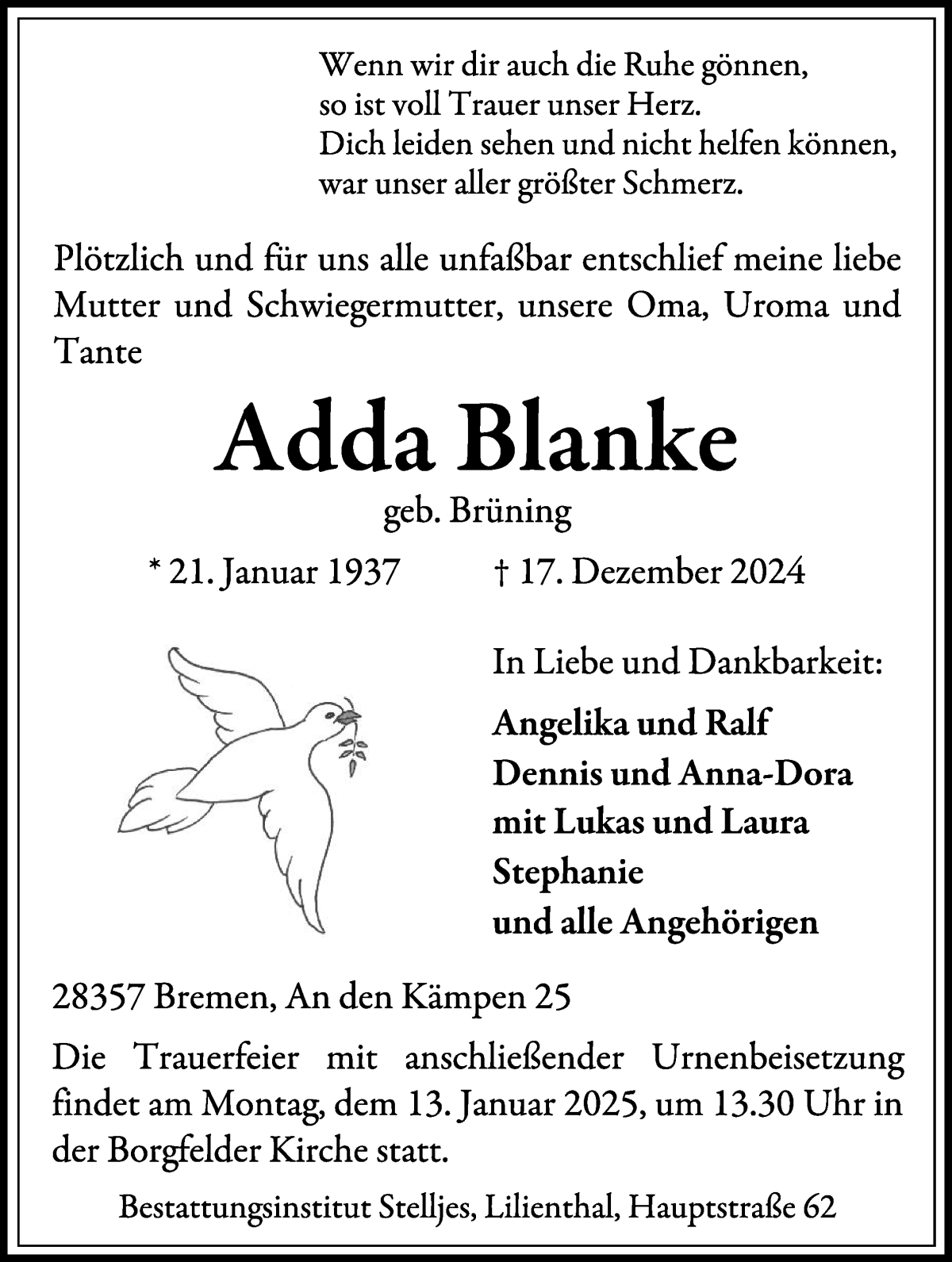 Traueranzeige von Adda Blanke von Wuemme Zeitung