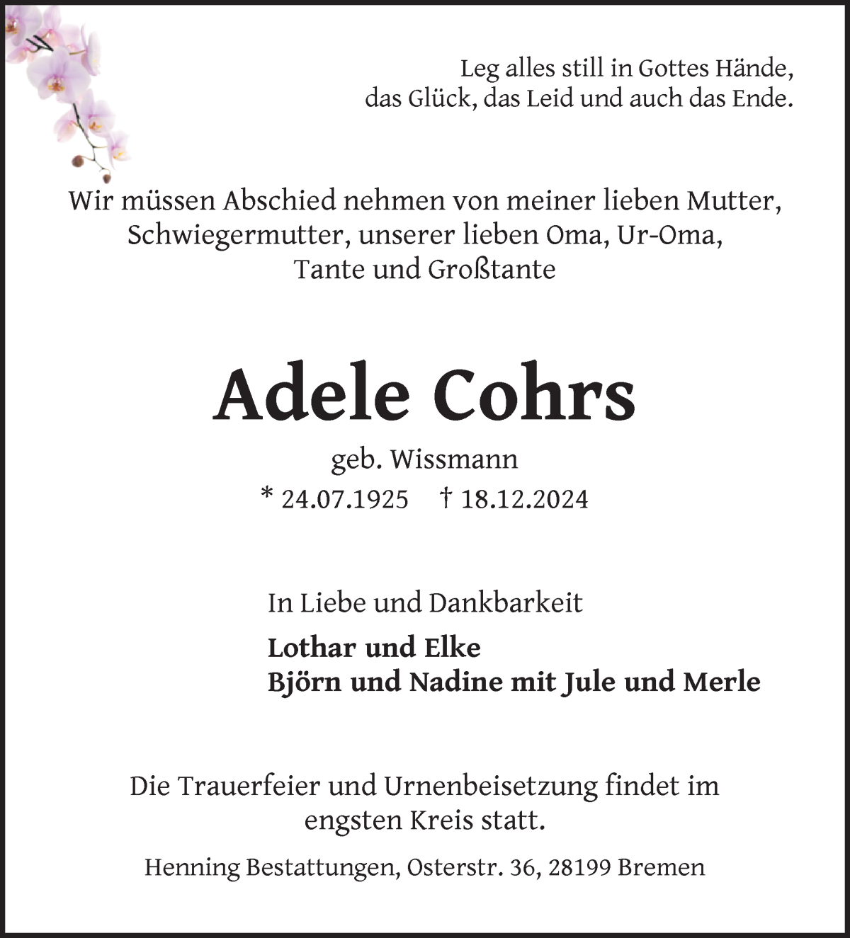 Traueranzeige von Adele Cohrs von WESER-KURIER