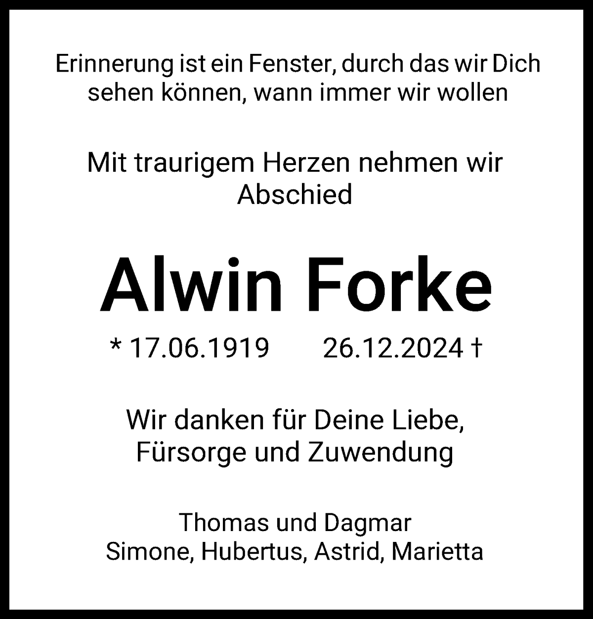 Traueranzeige von Alwin Forke von WESER-KURIER