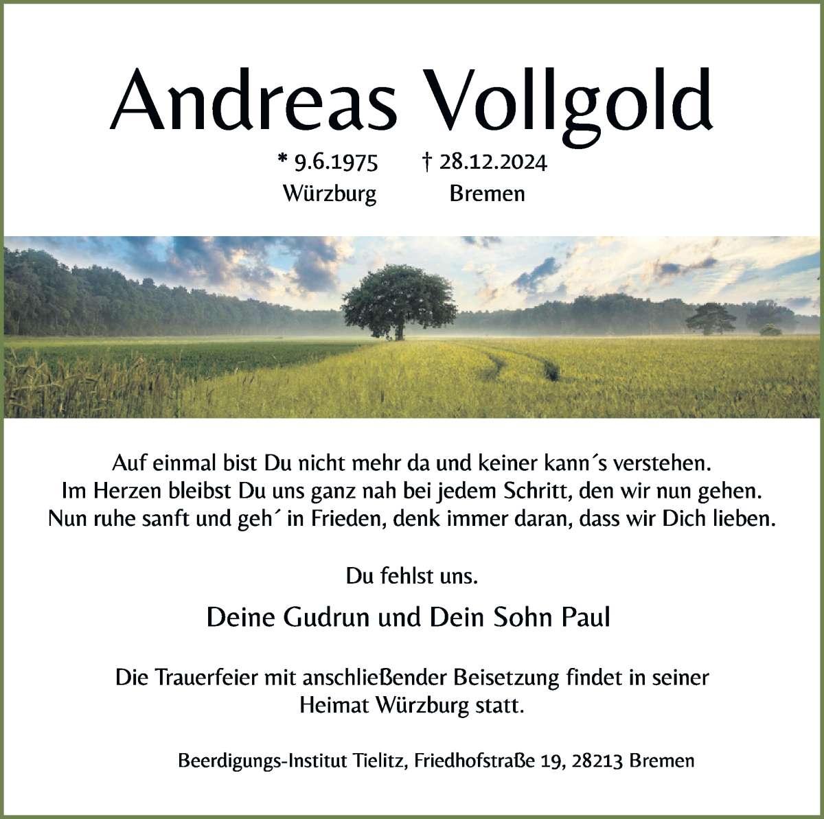 Traueranzeige von Andreas Vollgold von WESER-KURIER