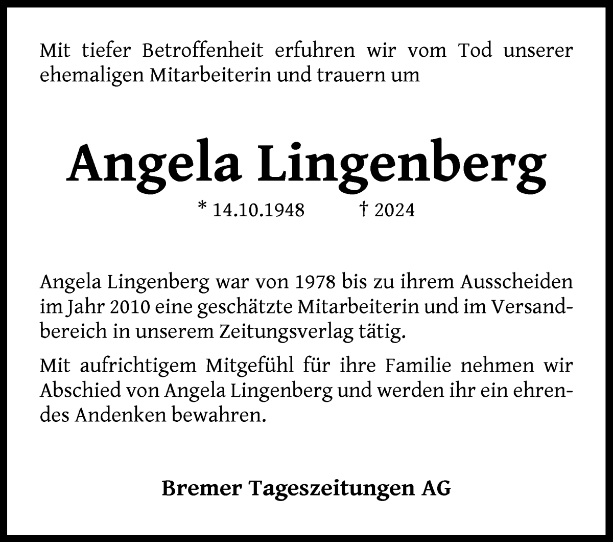Traueranzeige von Angela Lingenberg von WESER-KURIER