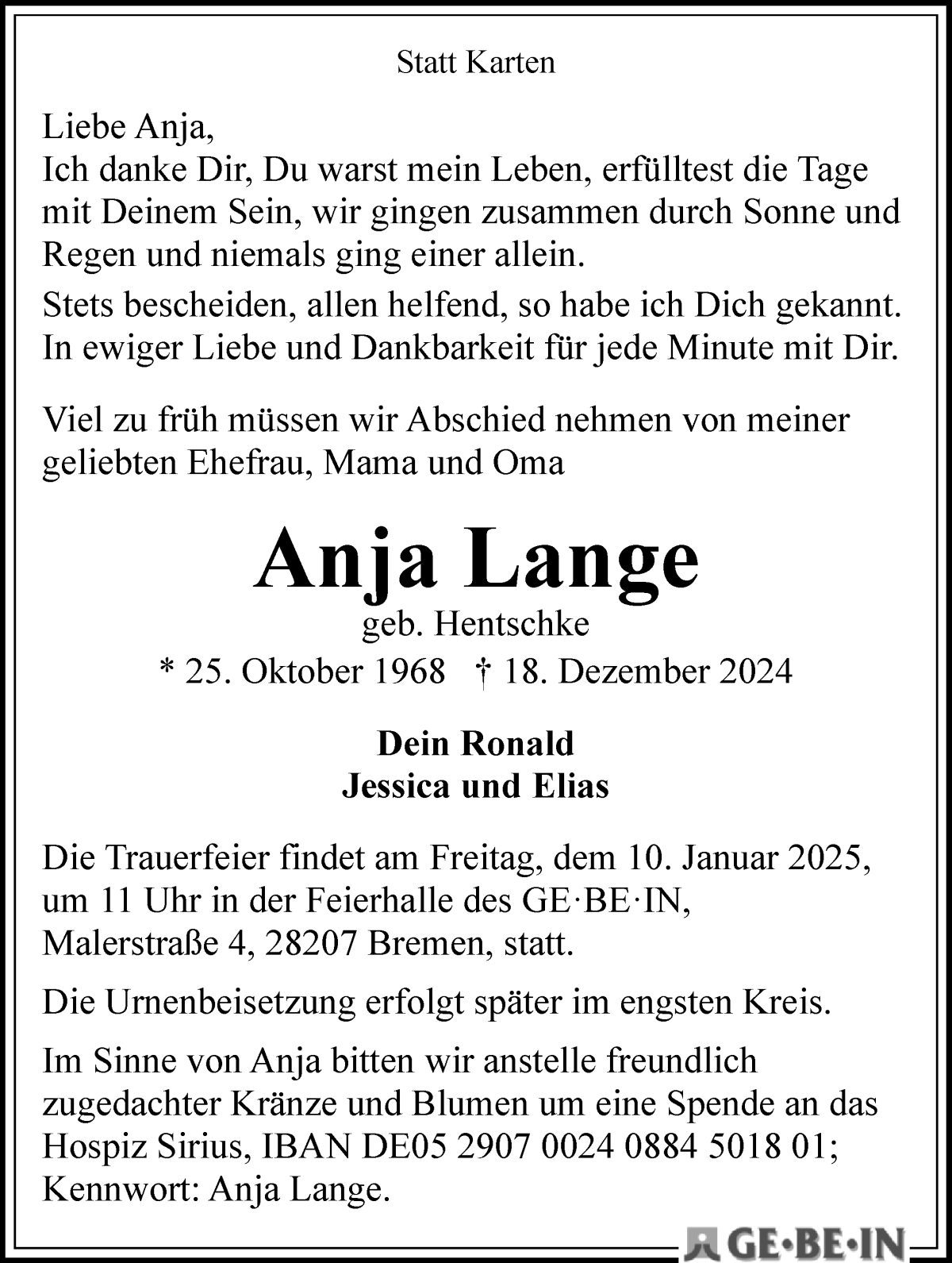 Traueranzeige von Anja Lange von WESER-KURIER