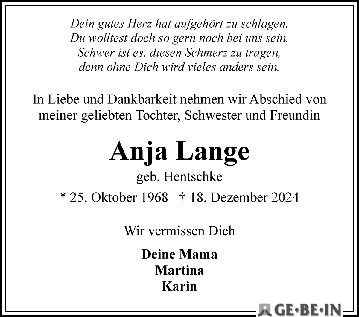 Traueranzeige von Anja Lange von WESER-KURIER