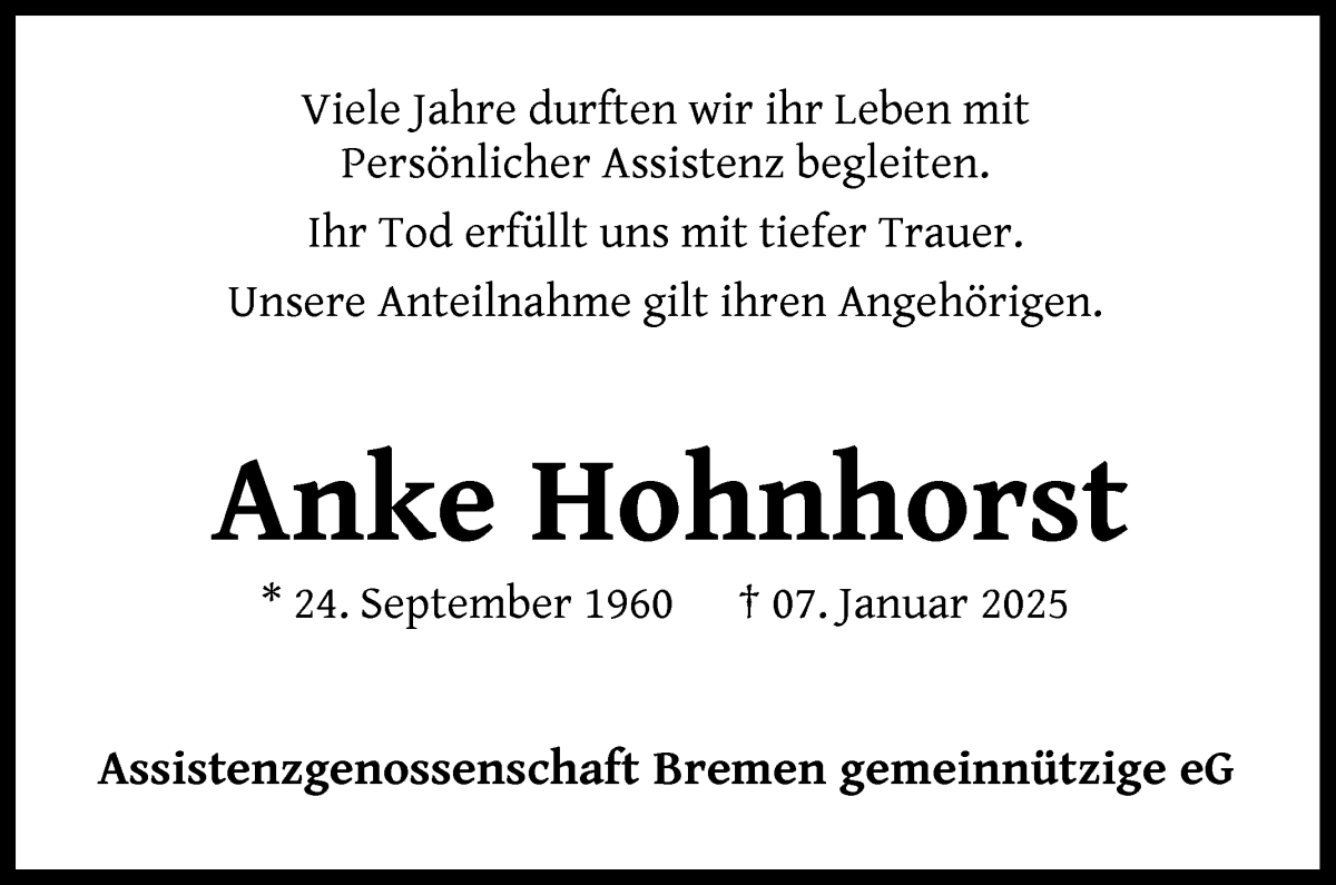 Traueranzeige von Anke Hohnhorst von WESER-KURIER