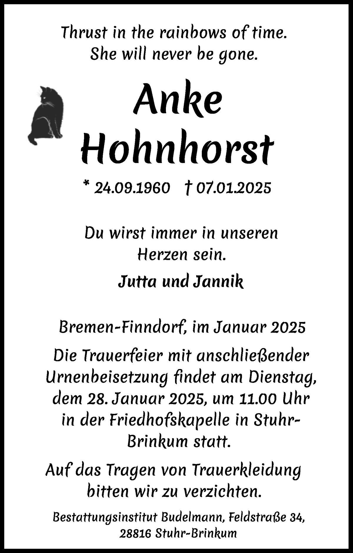 Traueranzeige von Anke Hohnhorst von WESER-KURIER
