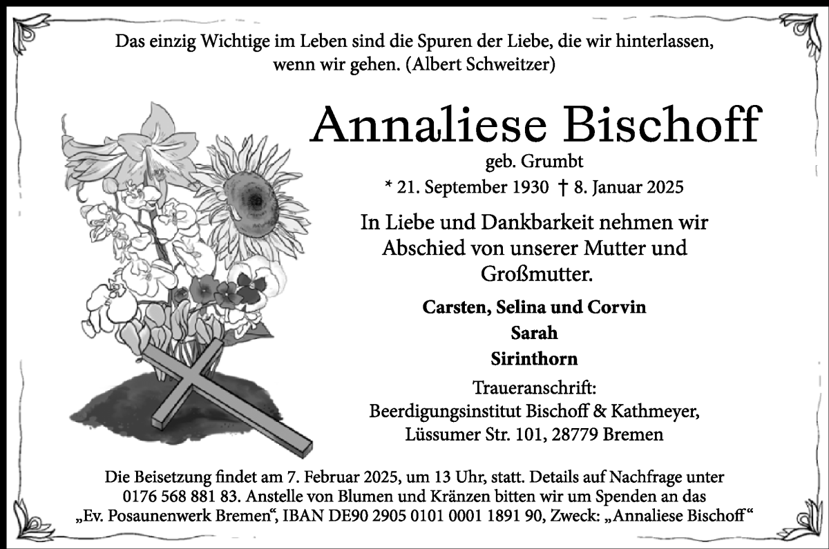 Traueranzeige von Annaliese Bischoff von WESER-KURIER