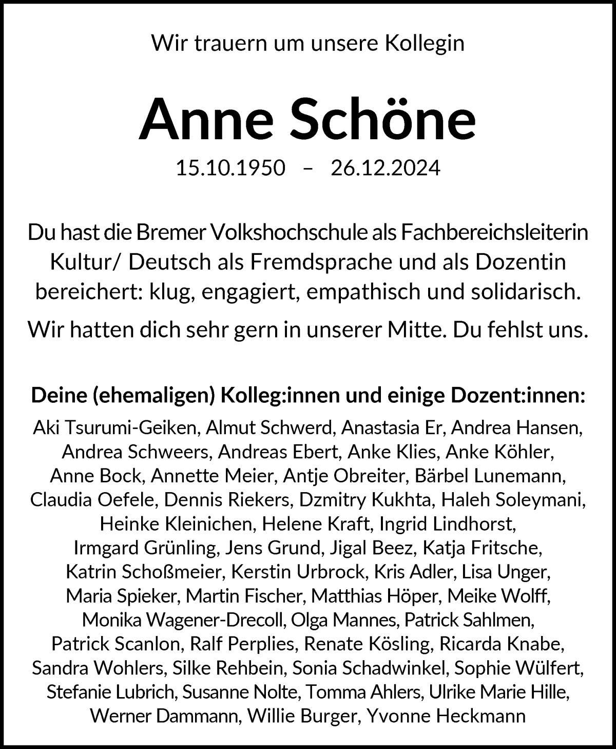 Traueranzeige von Anne Schöne von WESER-KURIER