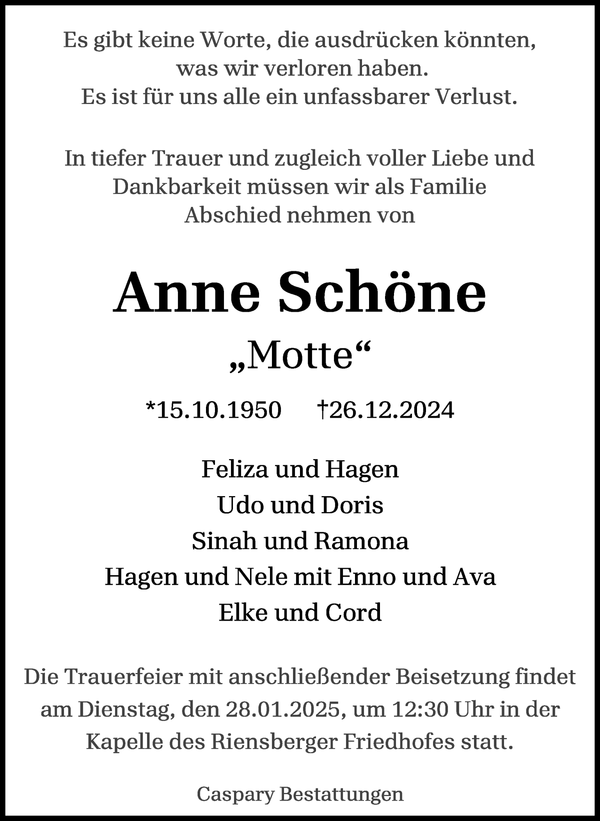 Traueranzeige von Anne Schöne von WESER-KURIER