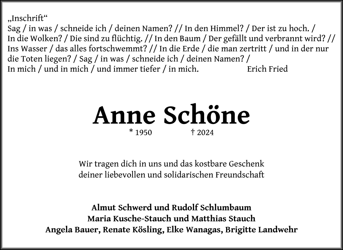 Traueranzeige von Anne Schöne von WESER-KURIER