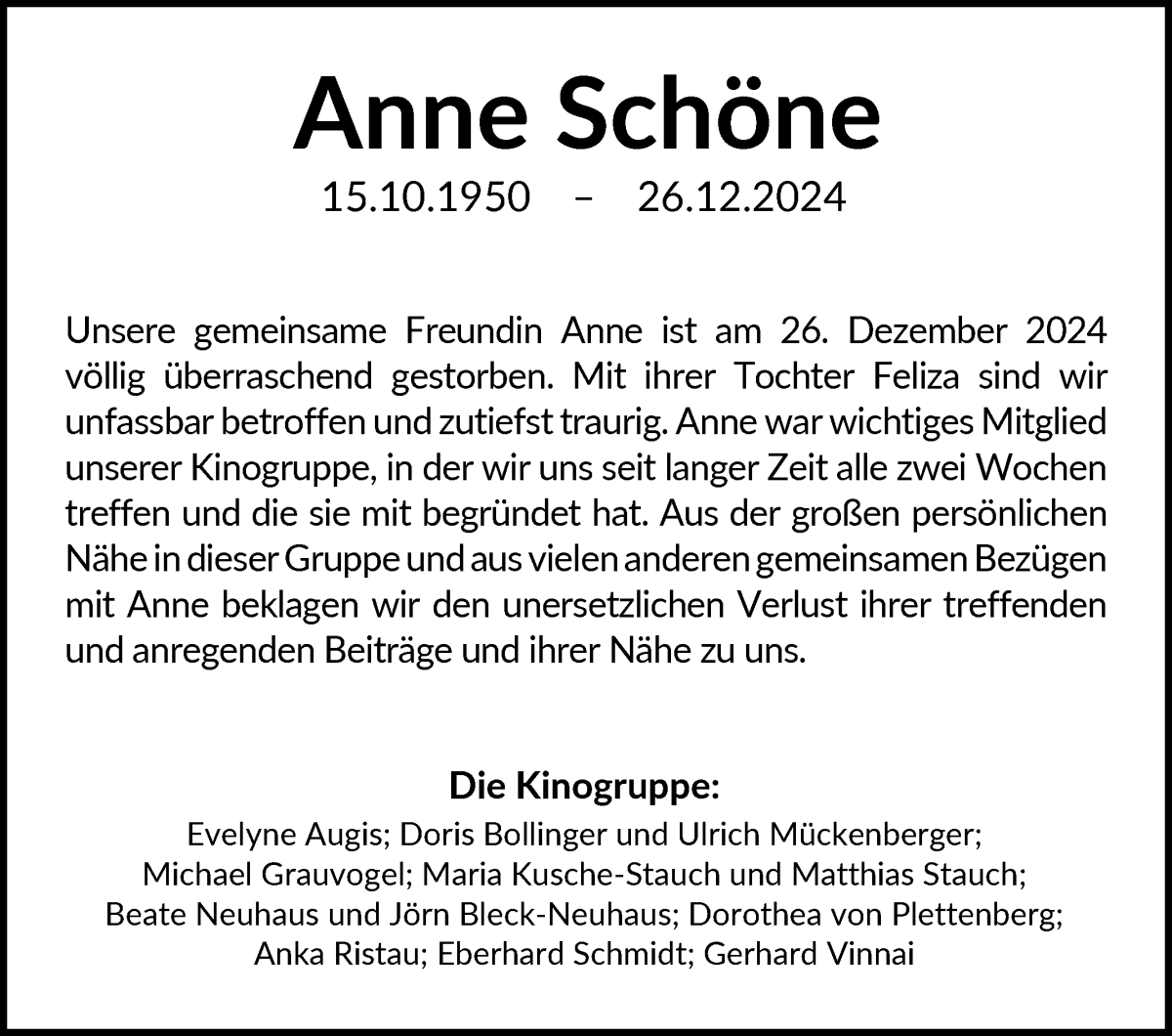 Traueranzeige von Anne Schöne von WESER-KURIER