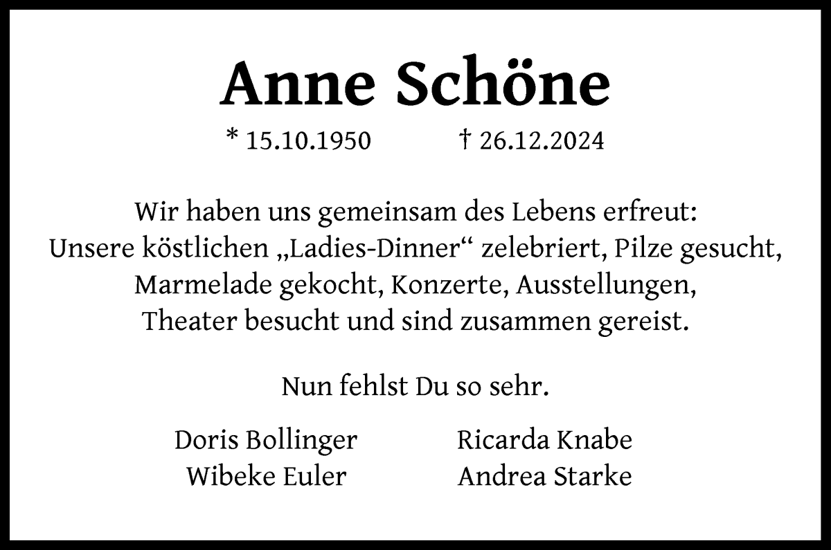 Traueranzeige von Anne Schöne von WESER-KURIER