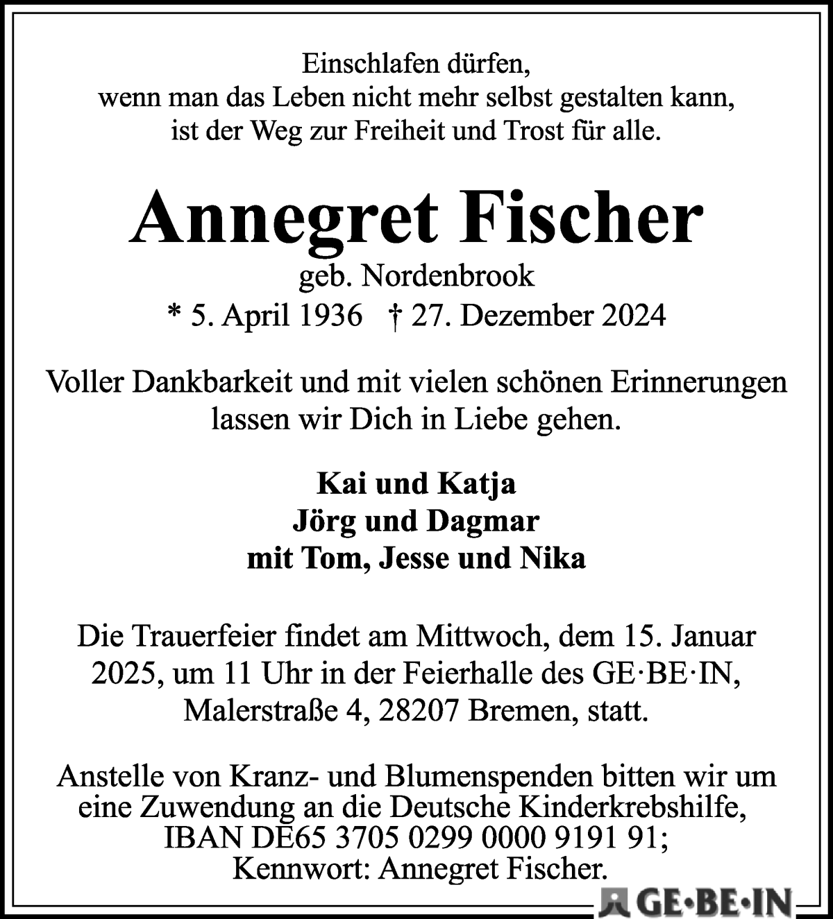 Traueranzeige von Annegret Fischer von WESER-KURIER