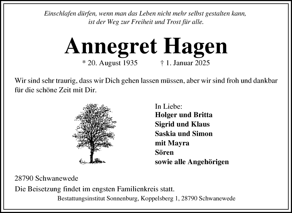 Traueranzeige von Annegret Hagen von Die Norddeutsche