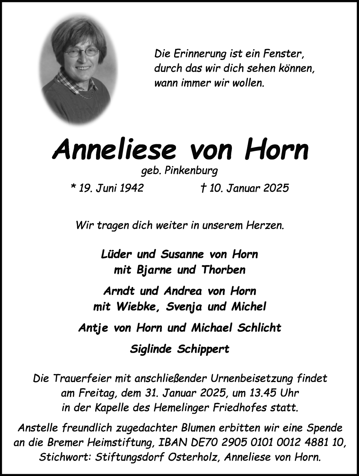 Traueranzeige von Anneliese von Horn von WESER-KURIER