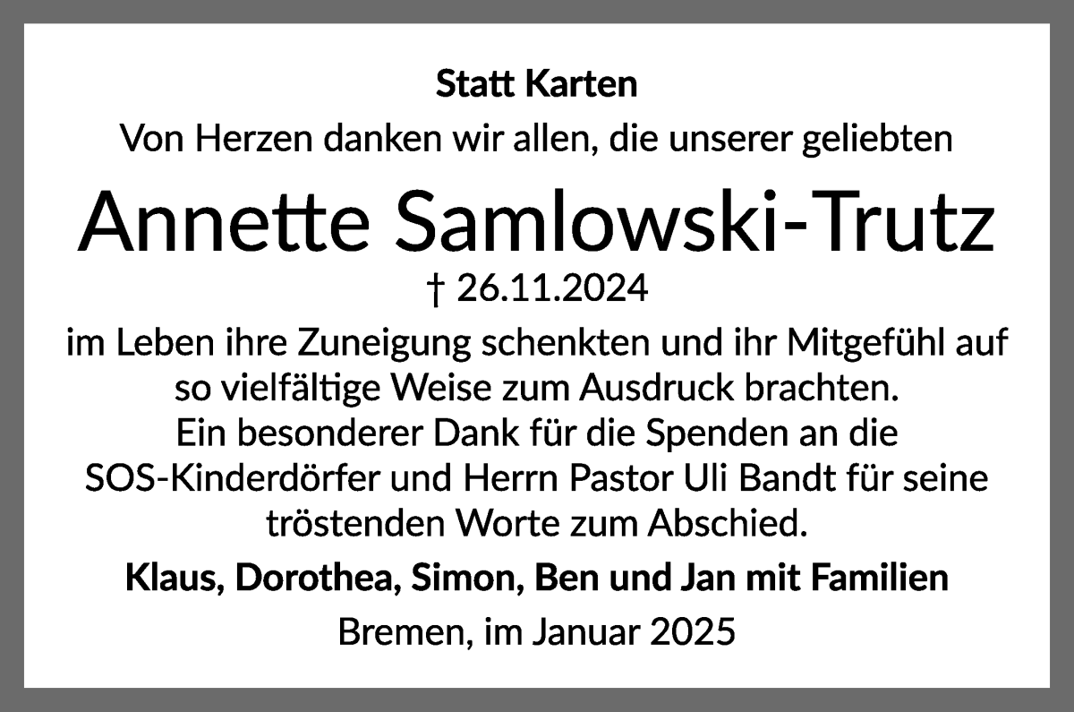 Traueranzeige von Annette Samlowski-Trutz von WESER-KURIER
