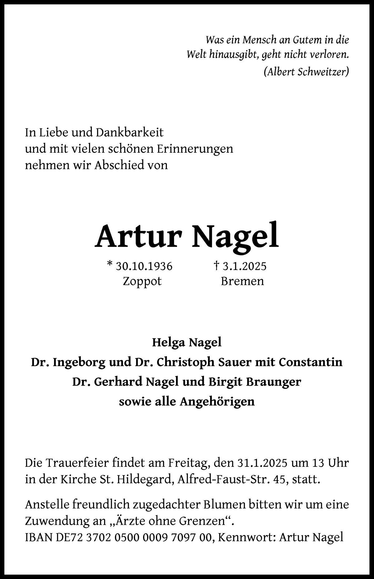 Traueranzeige von Artur Nagel von WESER-KURIER