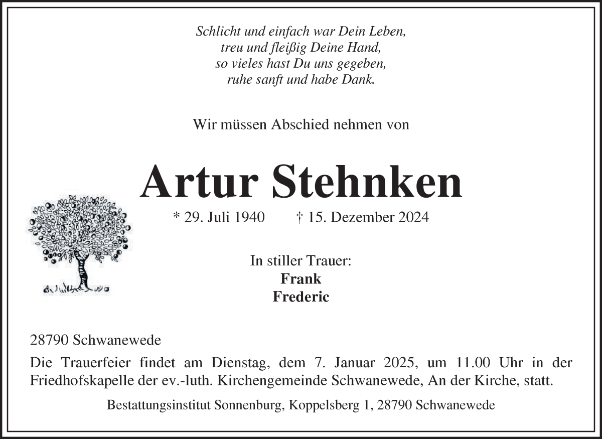 Traueranzeige von Artur Stehnken von Die Norddeutsche