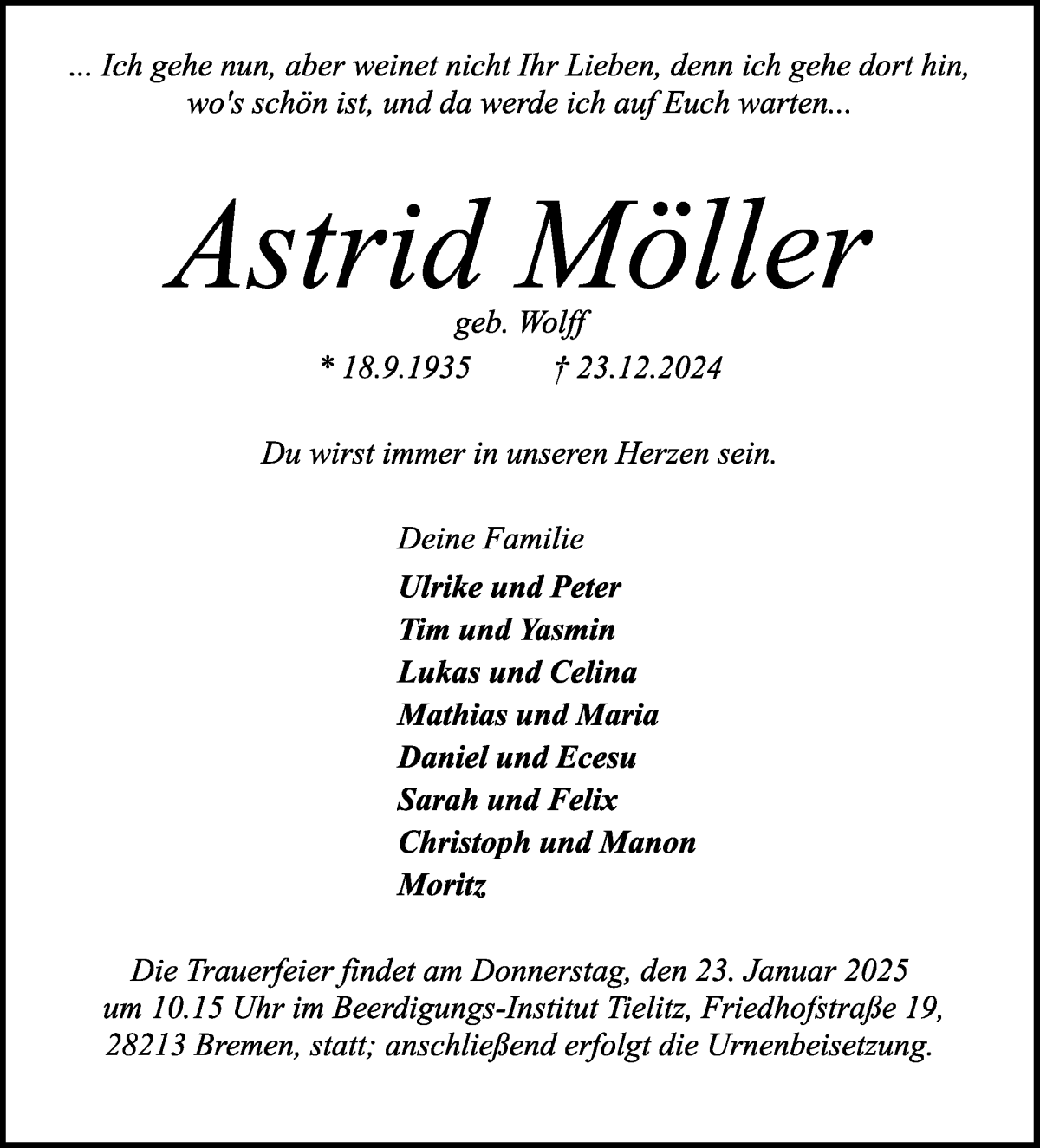 Traueranzeige von Astrid Möller von WESER-KURIER
