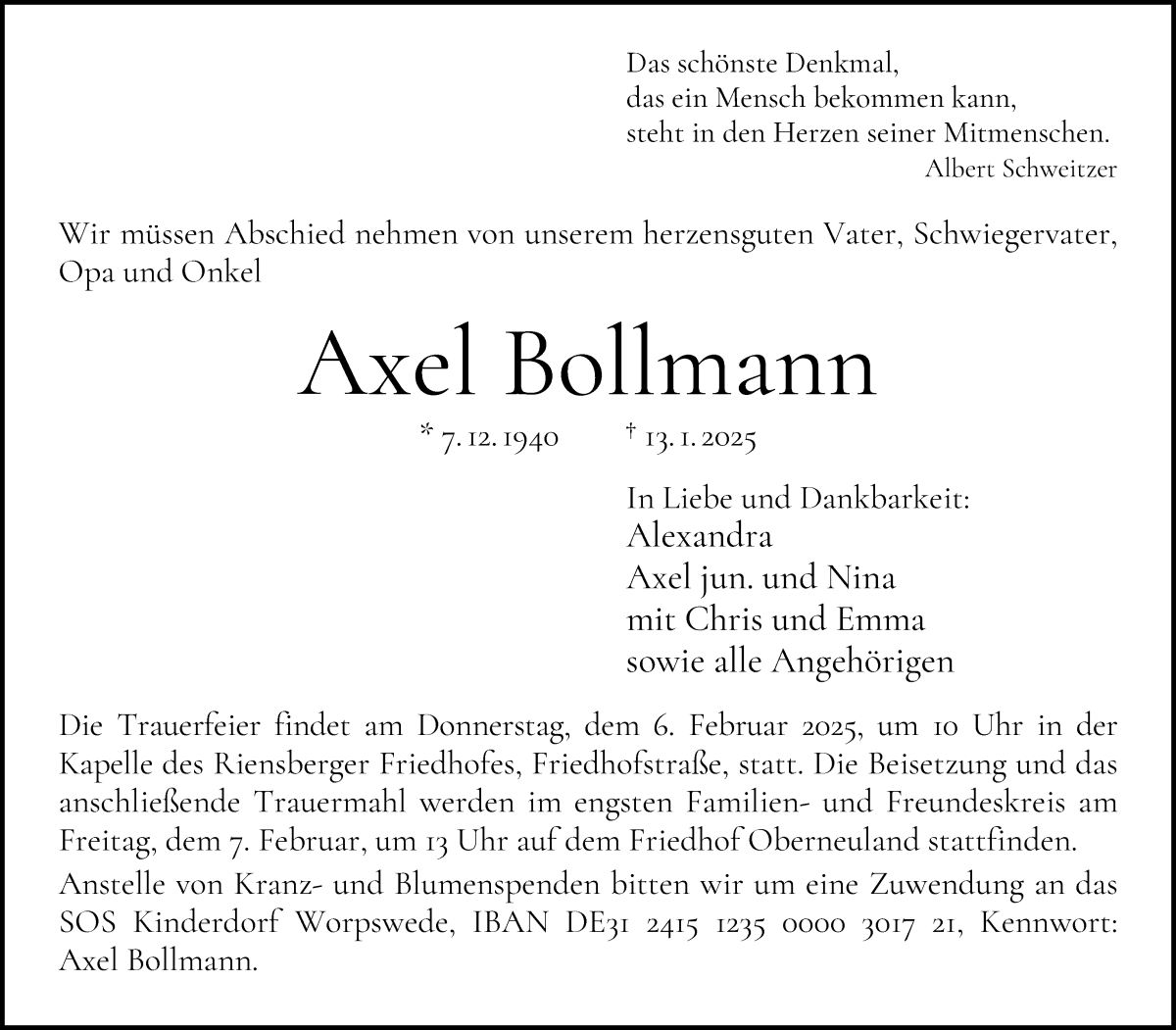 Traueranzeige von Axel Bollmann von WESER-KURIER