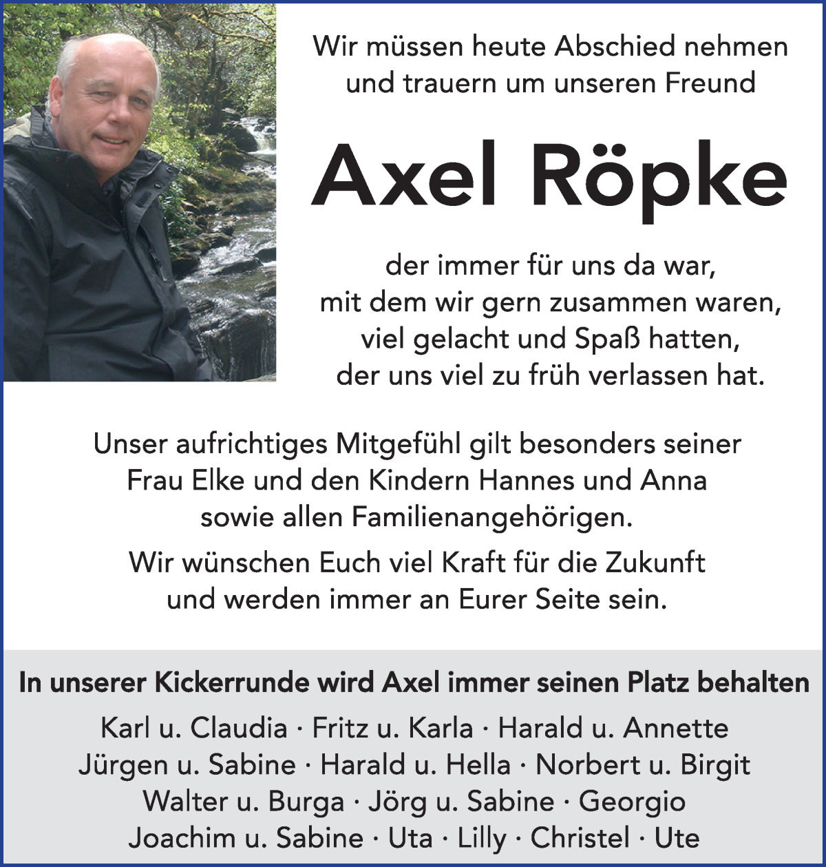 Traueranzeige von Axel Röpke von Regionale Rundschau/Syker Kurier