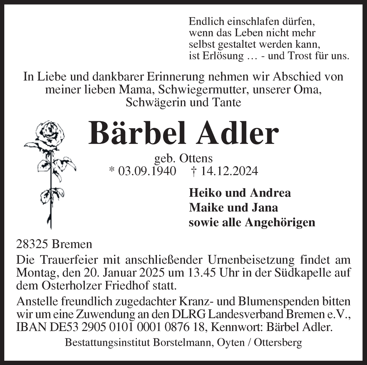 Traueranzeige von Bärbel Adler von WESER-KURIER