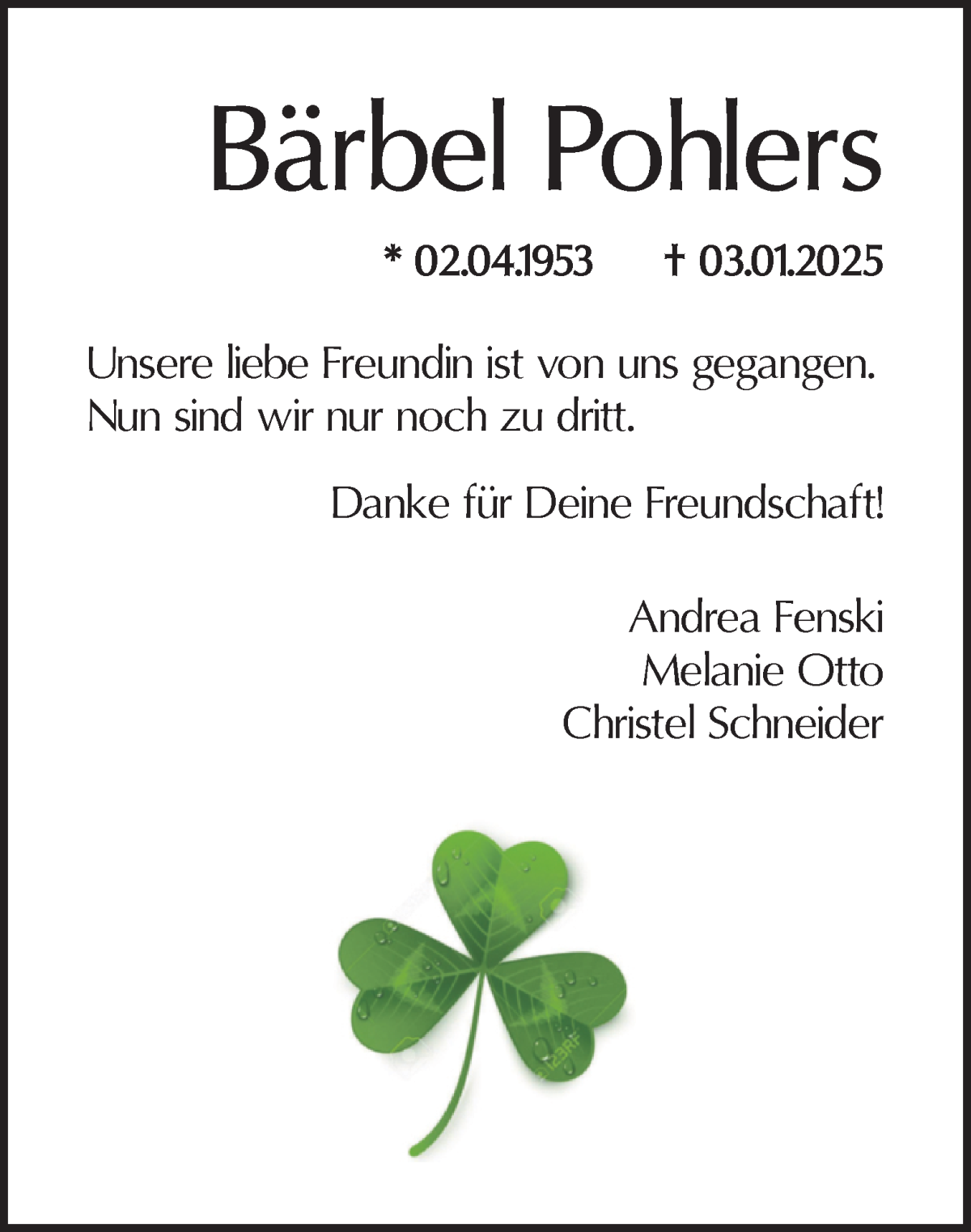 Traueranzeige von Bärbel Pohlers von WESER-KURIER