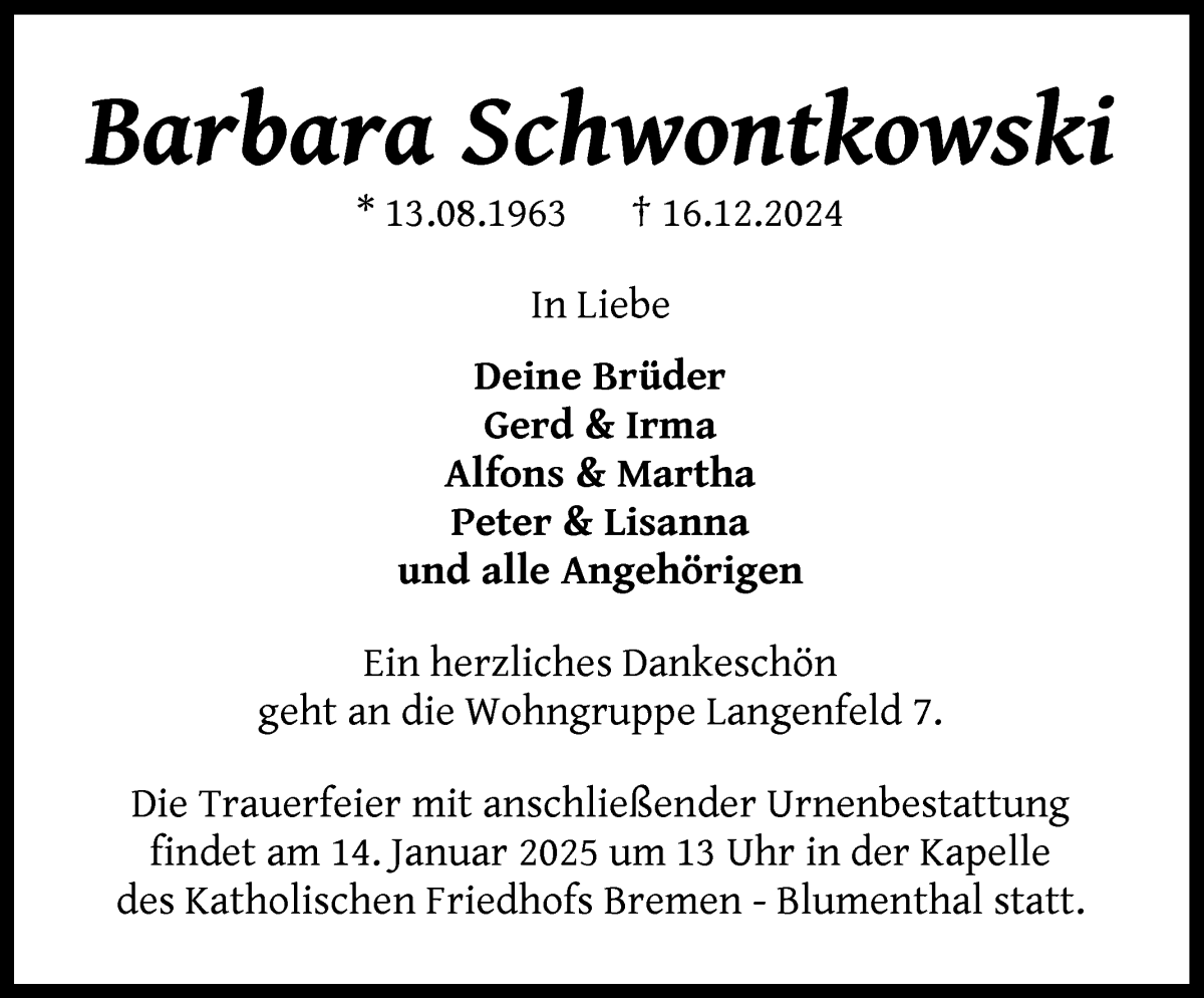 Traueranzeige von Barbara Schwontkowski von WESER-KURIER