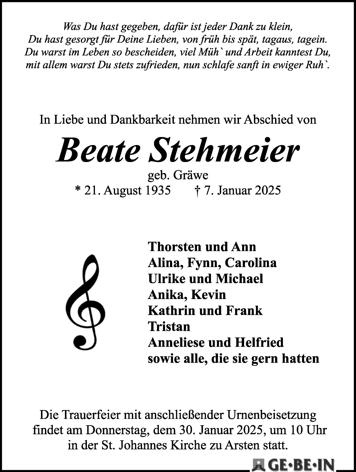Traueranzeige von Beate Stehmeier von WESER-KURIER