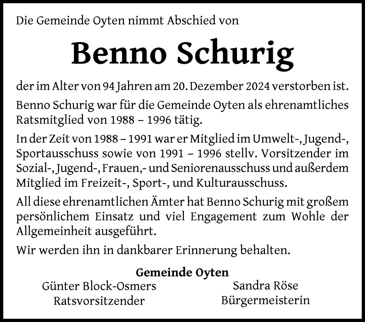 Traueranzeige von Benno Schurig von Achimer Kurier/Verdener Nachrichten