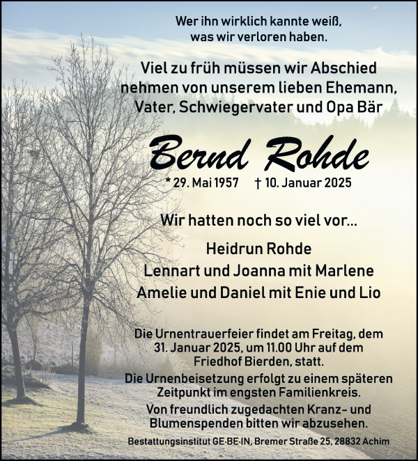 Traueranzeige von Bernd Rohde von Achimer Kurier/Verdener Nachrichten