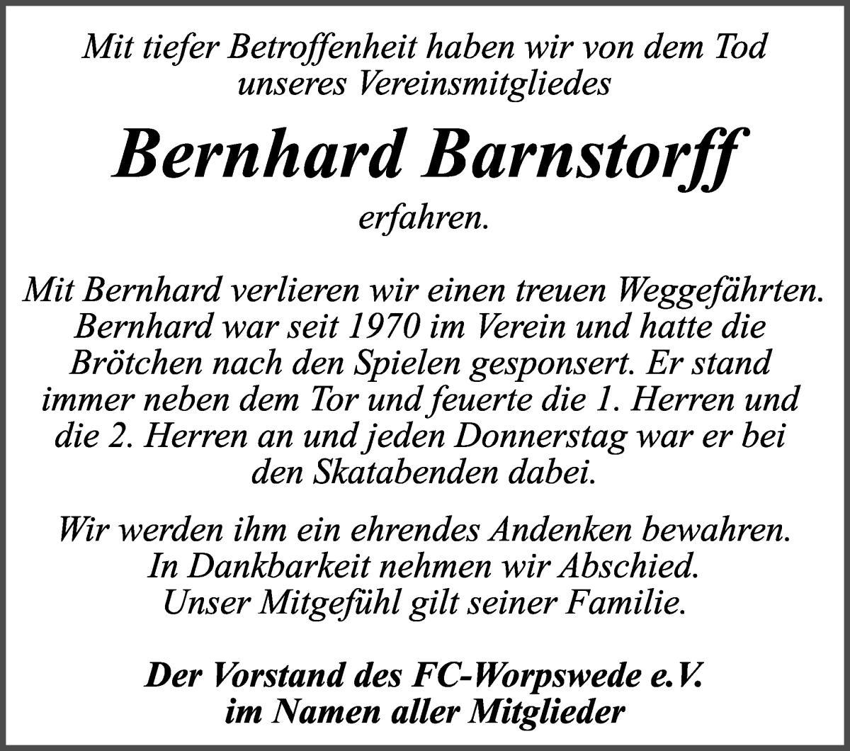 Traueranzeige von Bernhard Barnstorff von Wuemme Zeitung