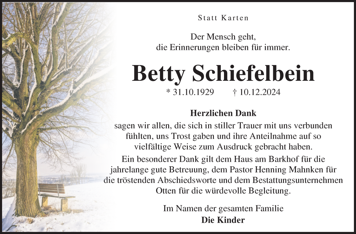 Traueranzeige von Betty Schiefelbein von Osterholzer Kreisblatt