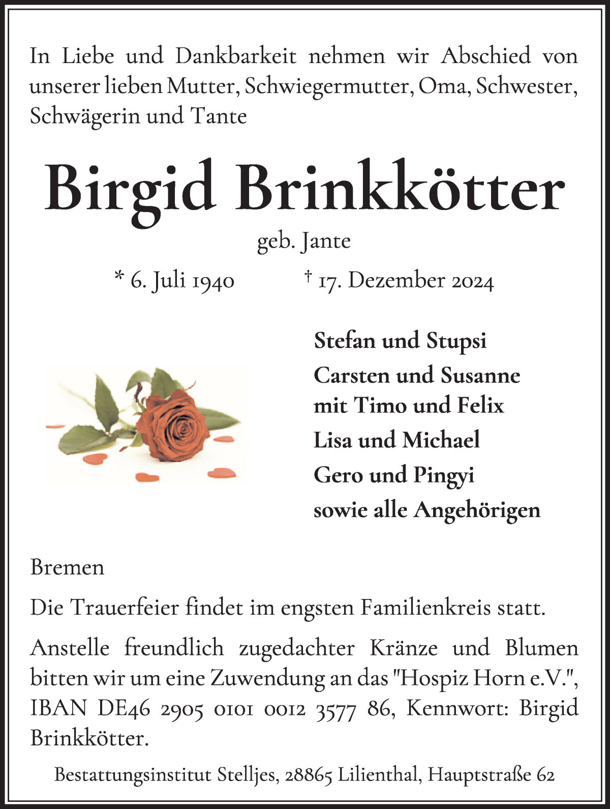 Traueranzeige von Birgid Brinkkötter von WESER-KURIER