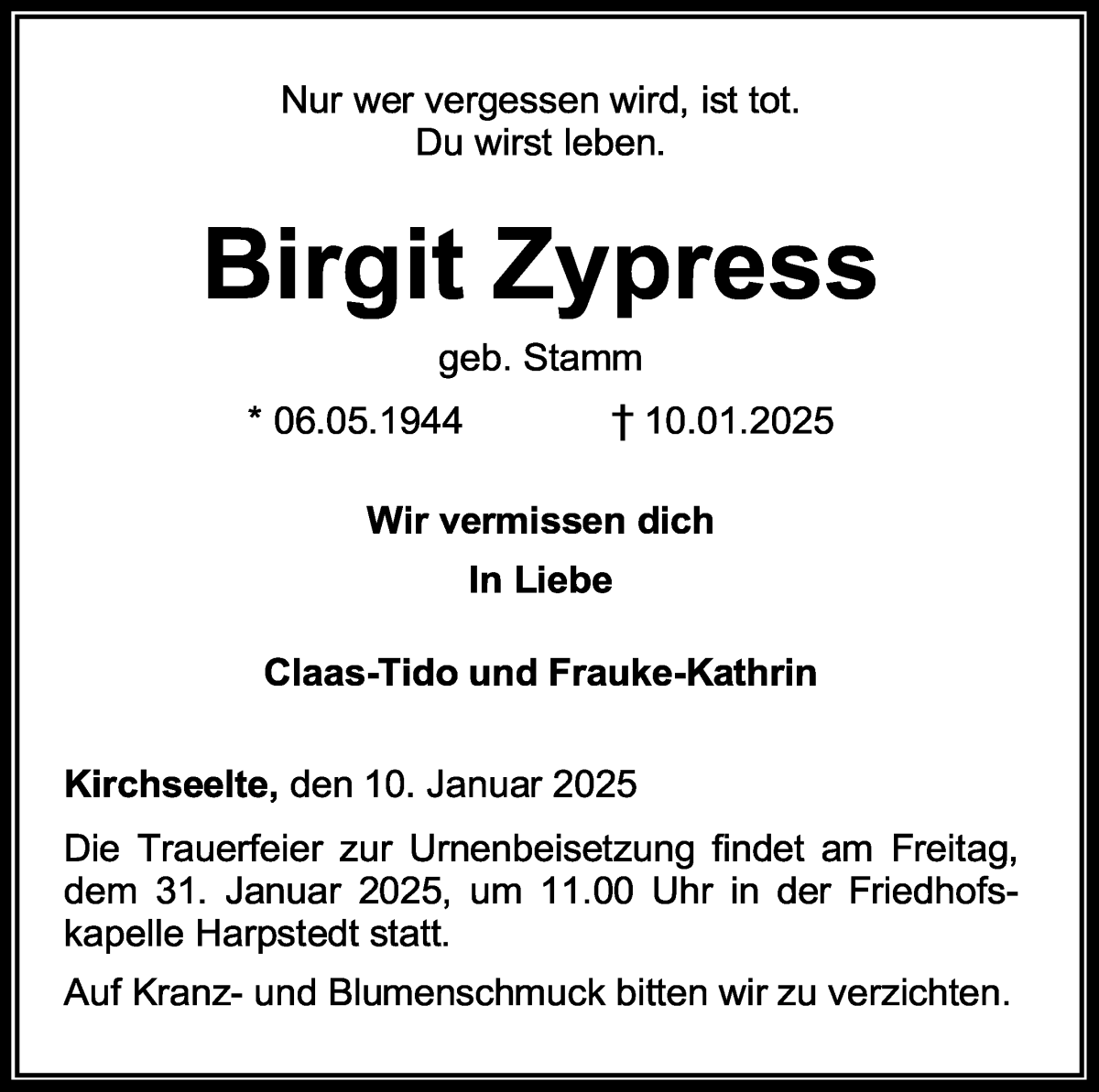 Traueranzeige von Birgit Zypress von WESER-KURIER