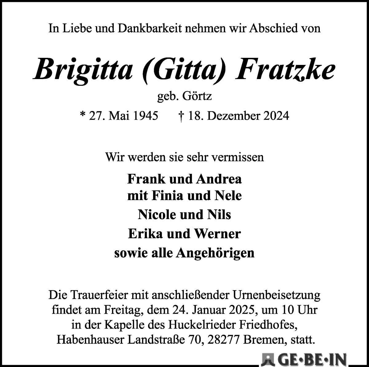 Traueranzeige von Brigitta Fratzke von WESER-KURIER