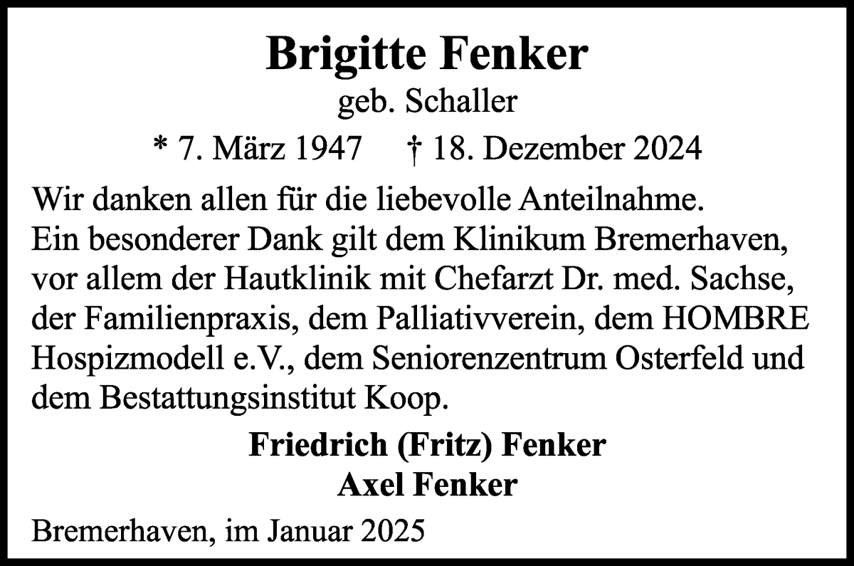 Traueranzeige von Brigitte Fenker von Wuemme Zeitung