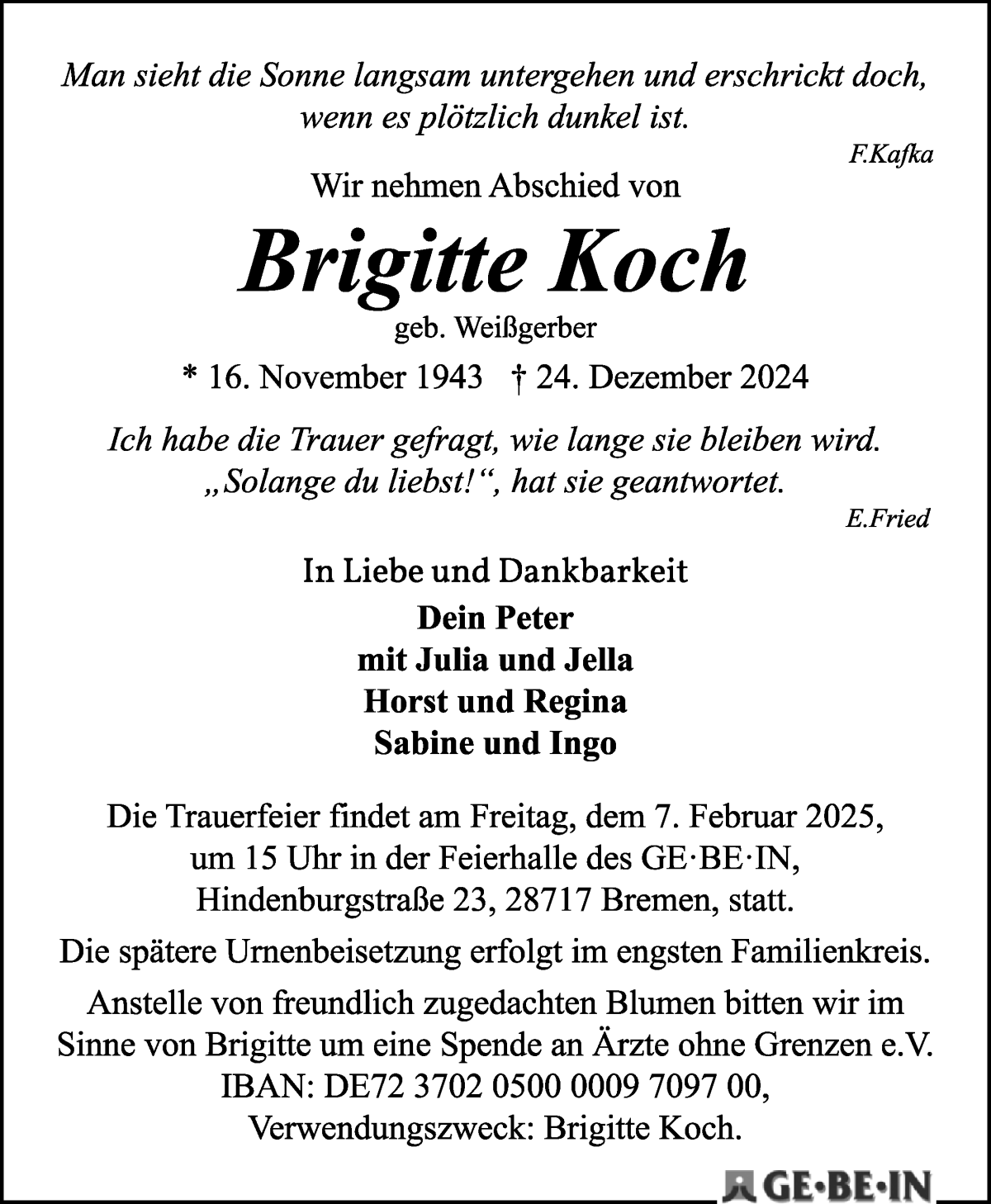 Traueranzeige von Brigitte Koch von WESER-KURIER