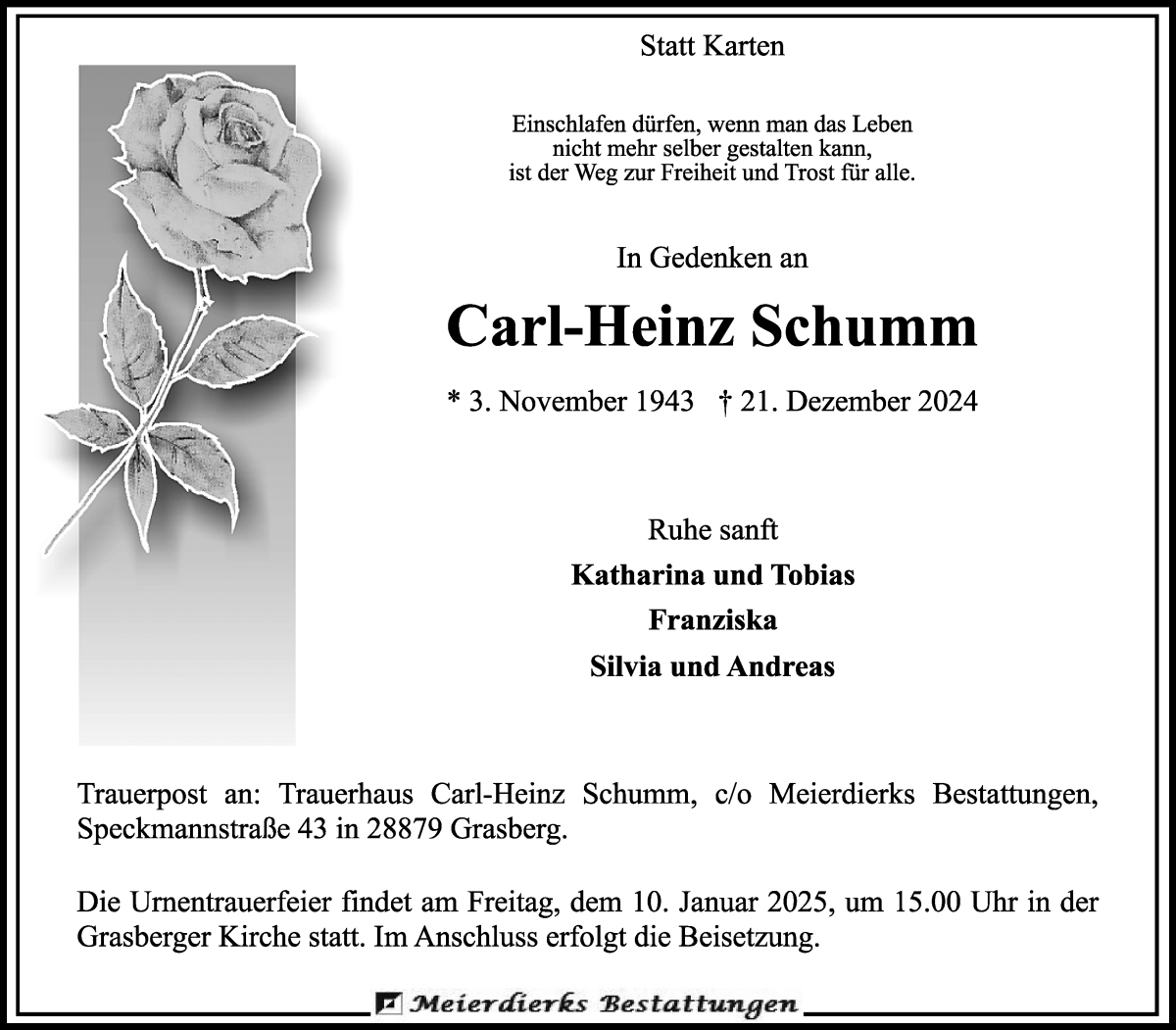 Traueranzeige von Carl-Heinz Schumm von Wuemme Zeitung
