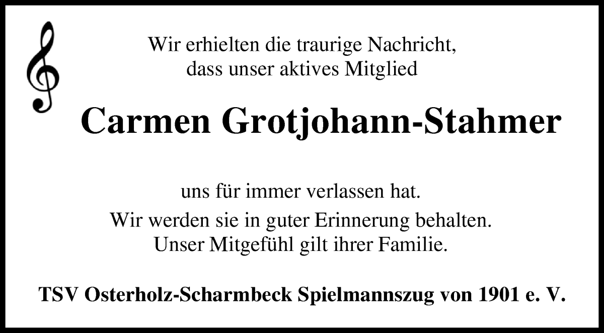 Traueranzeige von Carmen Grotjohann von Osterholzer Kreisblatt
