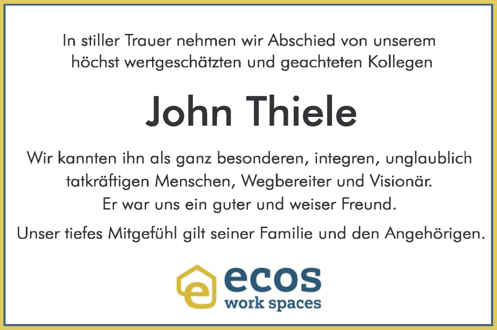Traueranzeige von John Thiele 