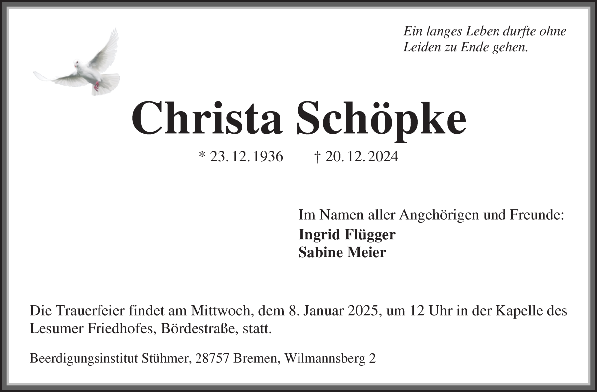 Traueranzeige von Christa Schöpke von WESER-KURIER