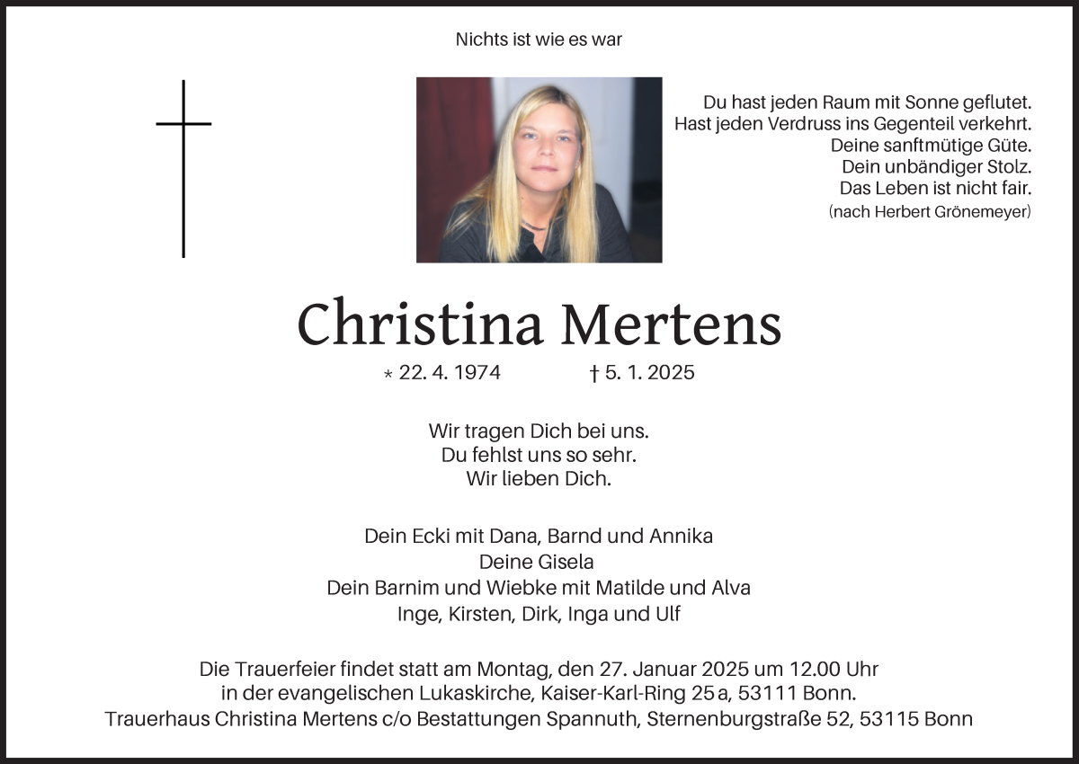 Traueranzeige von Christina Mertens von Achimer Kurier/Verdener Nachrichten
