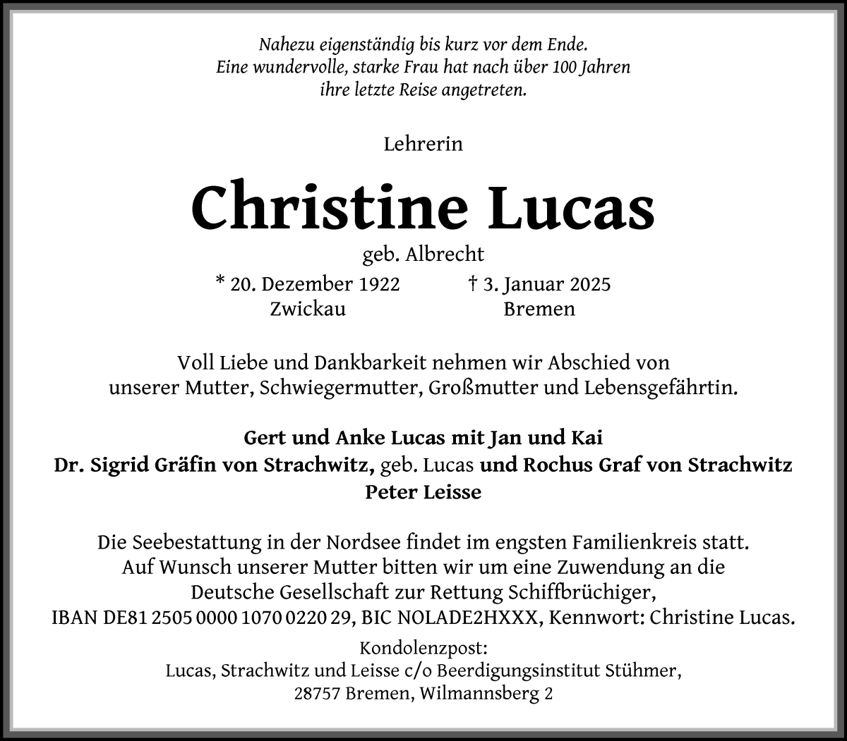 Traueranzeige von Christine Lucas von Die Norddeutsche
