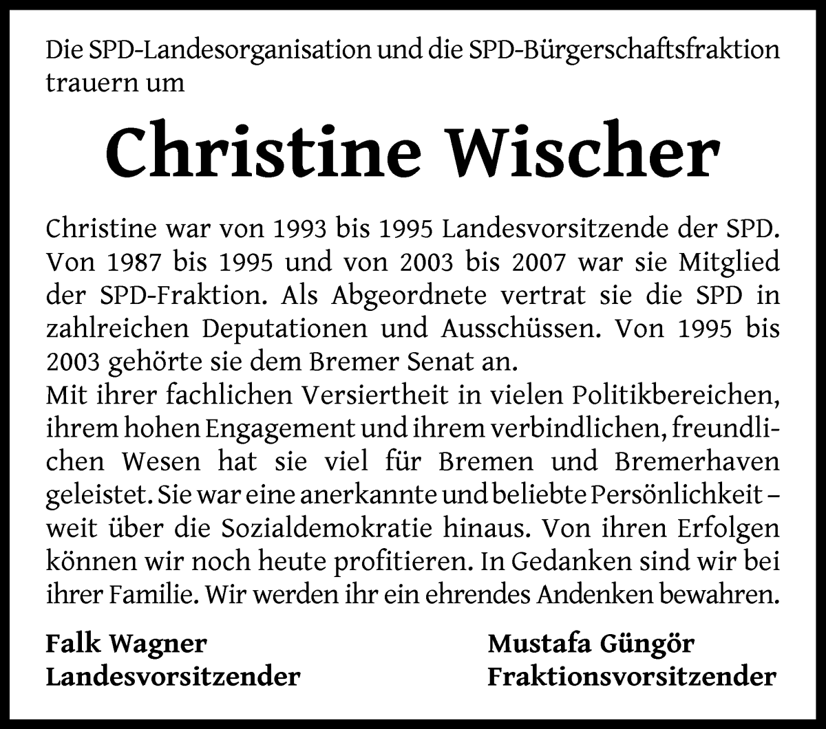 Traueranzeige von Christine Wischer von WESER-KURIER