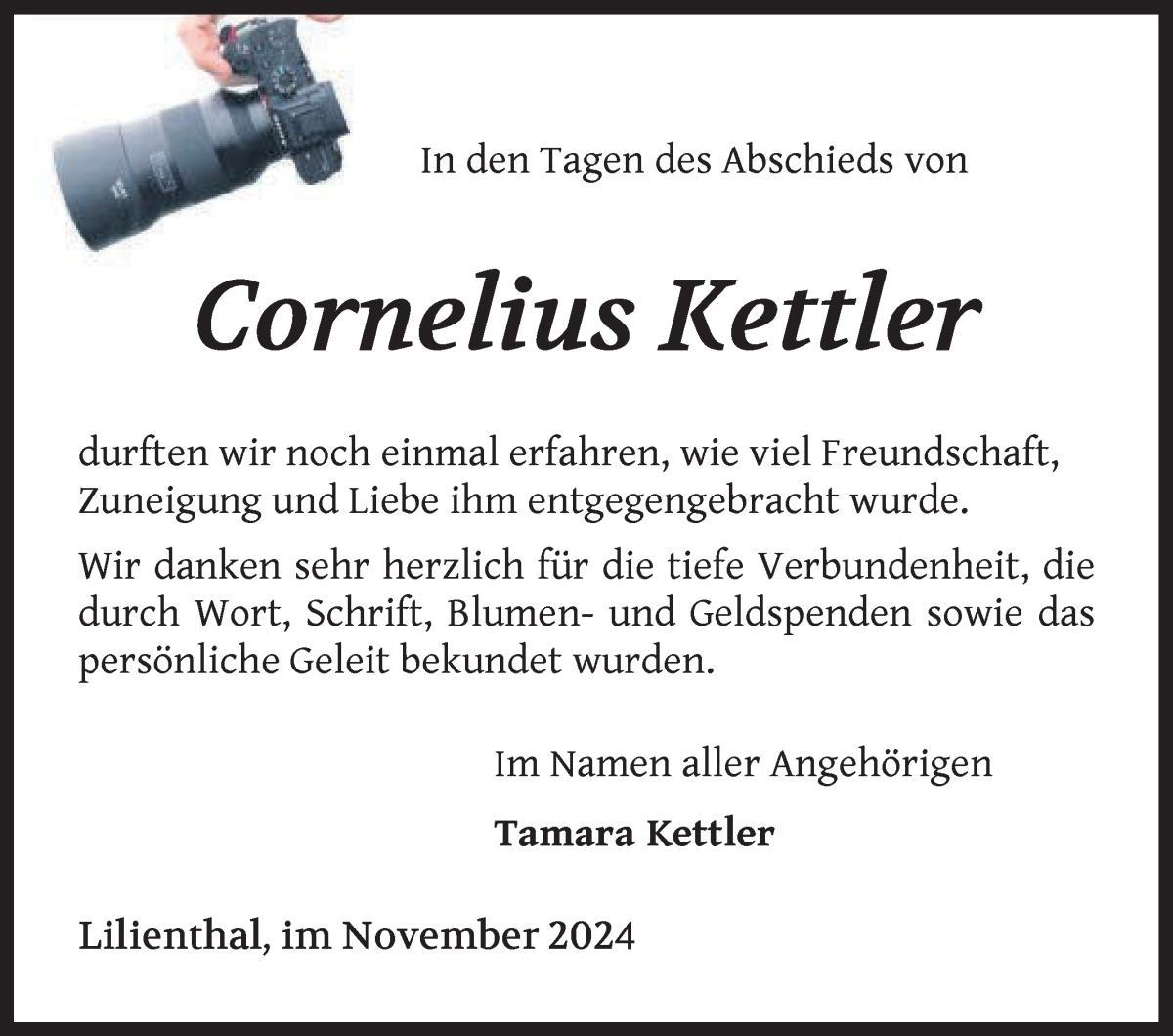 Traueranzeige von Cornelius Kettler von Wuemme Zeitung