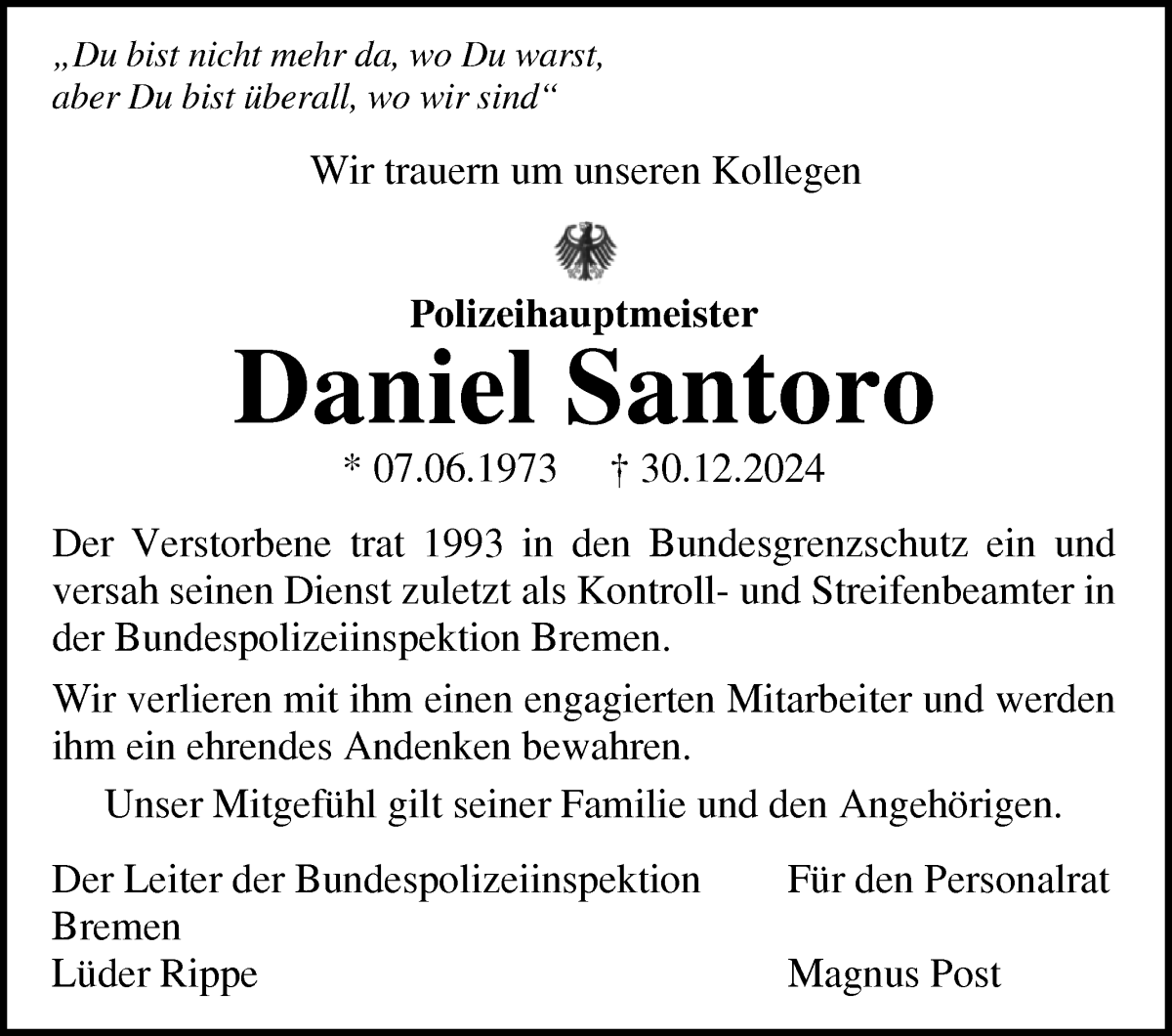 Traueranzeige von Daniel Santoro von WESER-KURIER