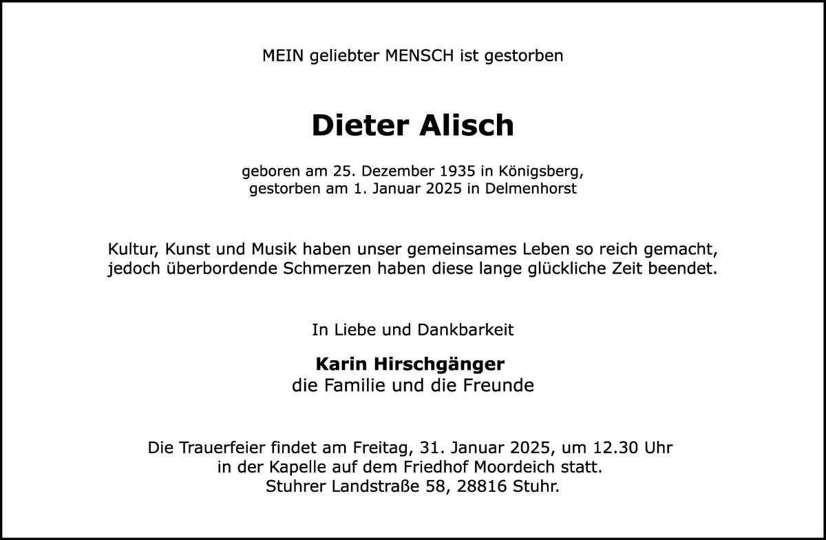 Traueranzeige von Dieter Alisch von WESER-KURIER